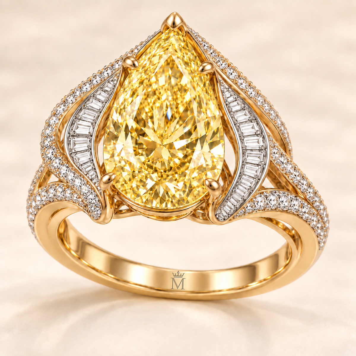 Solar Rhapsody 8 ct yellow pear-shaped lab-grown diamond ring, front view