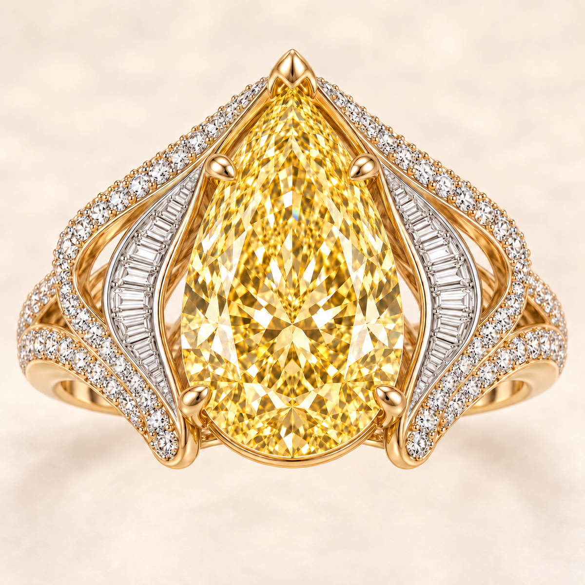Solar Rhapsody yellow pear-shaped diamond ring with white baguette and pavé accents, top view