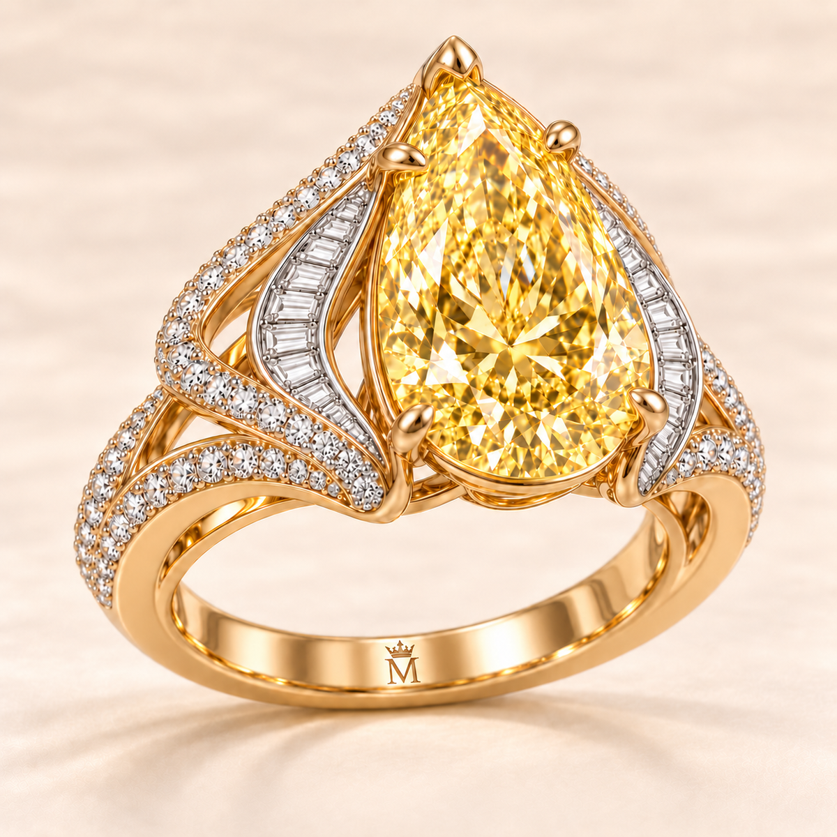 Solar Rhapsody yellow-and-white gold diamond ring, angled setting view
