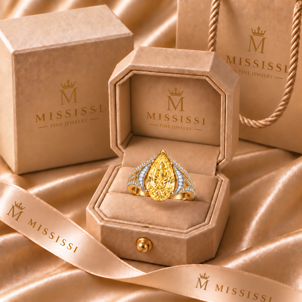 Solar Rhapsody yellow pear-shaped diamond ring in MISSISSI champagne packaging