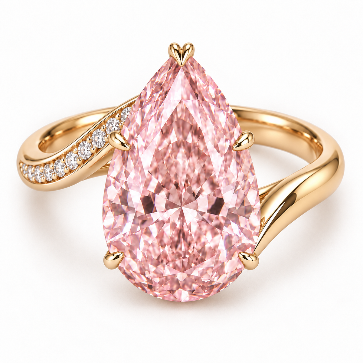 AI design preview of Blush Current pink pear ring from the front with one pavé ribbon and one polished yellow-metal ribbon
