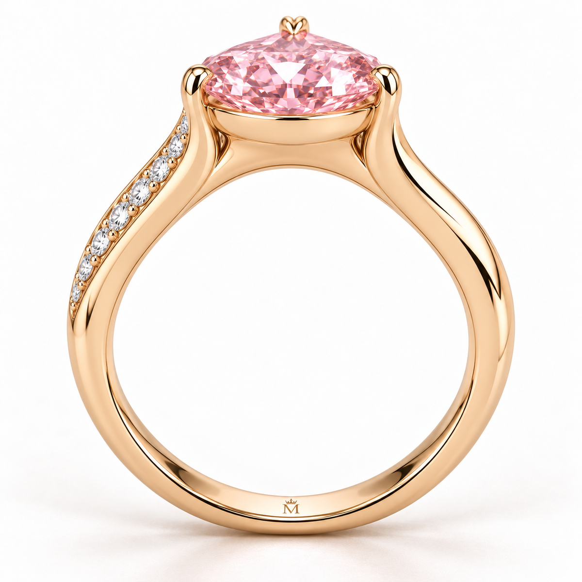 AI design preview of Blush Current pink pear ring in profile with compact closed gallery and discreet inner crowned-M engraving
