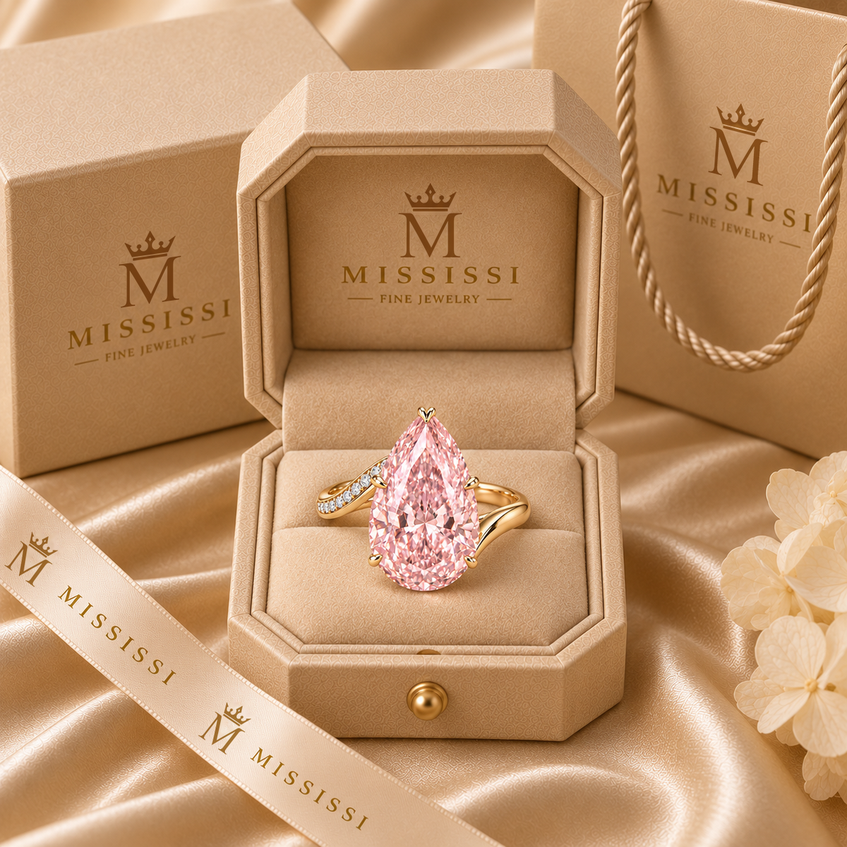 AI design preview of Blush Current pink pear ring in champagne MISSISSI packaging