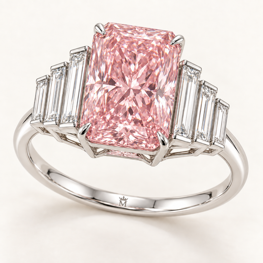 Blush Palisade pink radiant lab-grown diamond ring with graduated baguette shoulders with official crown-M inner-band engraving
