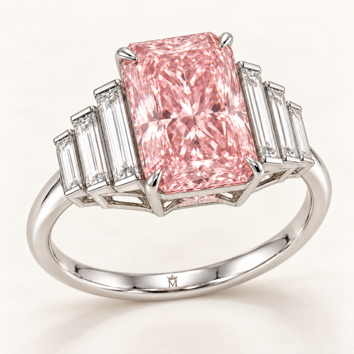 Blush Palisade angled view with pink radiant center and six baguette accents with official crown-M inner-band engraving