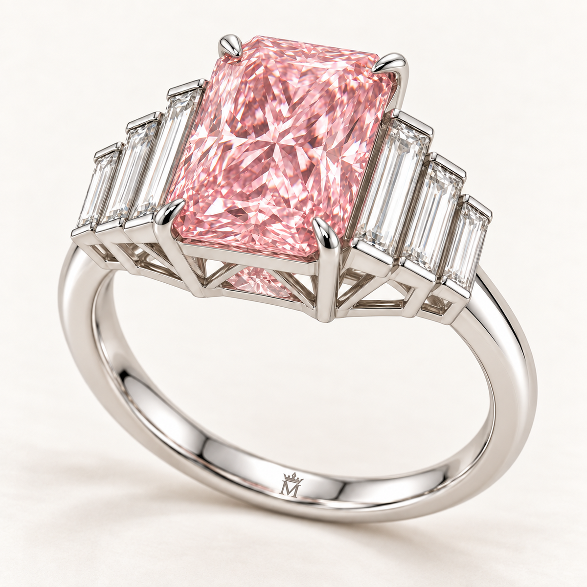 Blush Palisade low oblique setting view with open gallery and connected band with official crown-M inner-band engraving