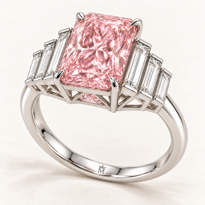 Blush Palisade low oblique setting view with open gallery and connected band with official crown-M inner-band engraving