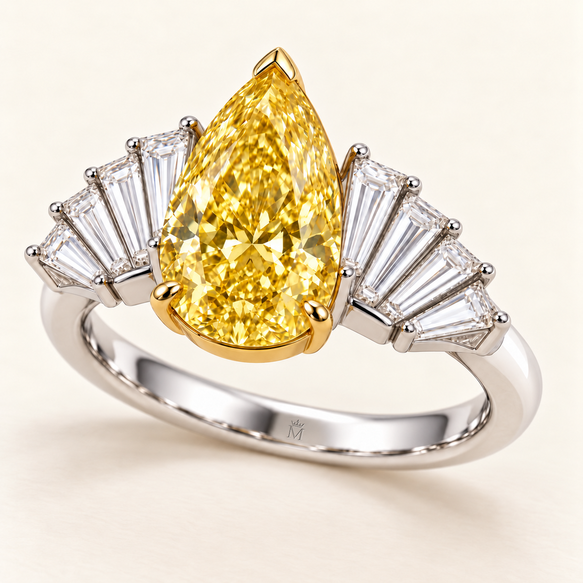Solar Pleat pear lab-grown diamond ring, elevated three-quarter design visualization