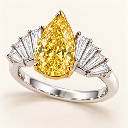 Solar Pleat pear lab-grown diamond ring, elevated three-quarter design visualization