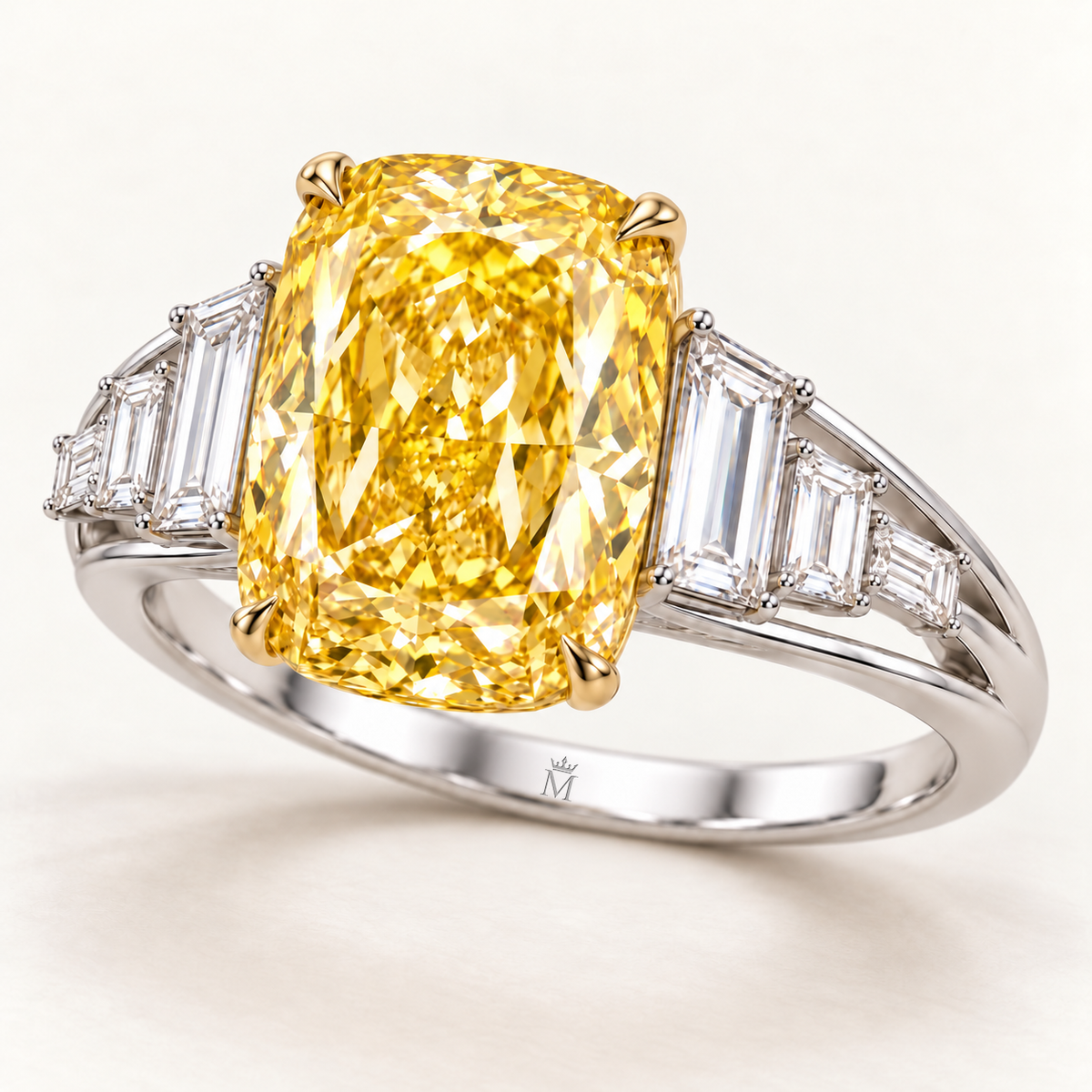 Saffron Ladder cushion lab-grown diamond ring, elevated three-quarter design visualization