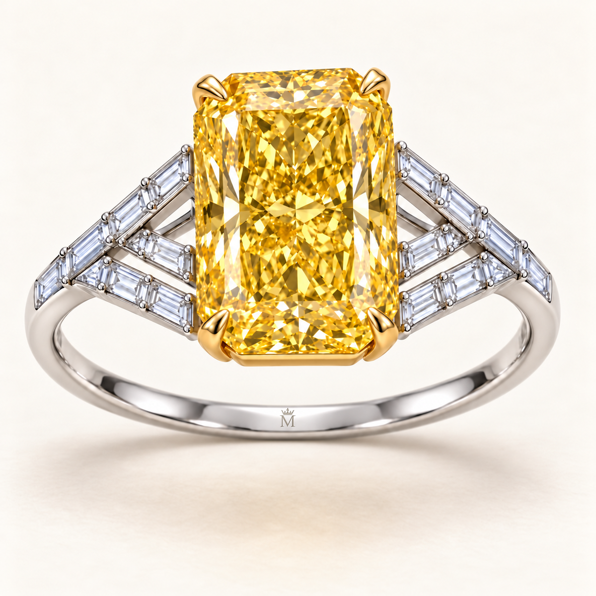 Golden Chevron radiant lab-grown diamond ring, elevated three-quarter design visualization