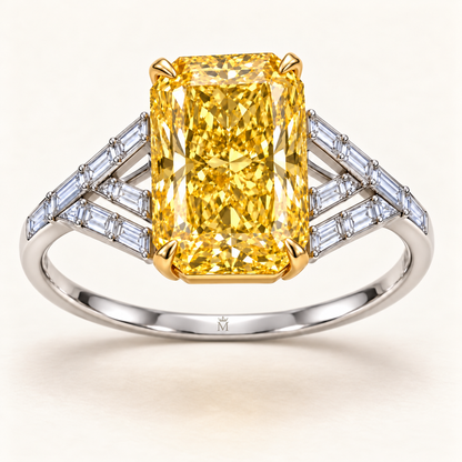 Golden Chevron radiant lab-grown diamond ring, elevated three-quarter design visualization