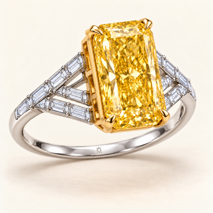 Golden Chevron radiant lab-grown diamond ring, structural angle design visualization