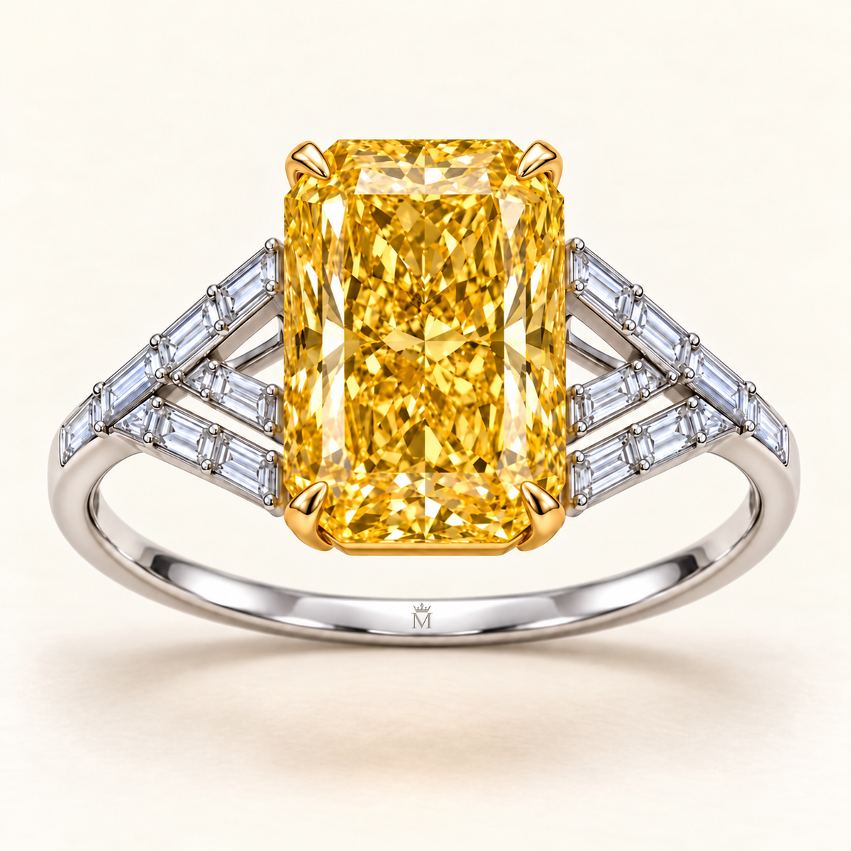 Golden Chevron radiant lab-grown diamond ring, face-up detail design visualization