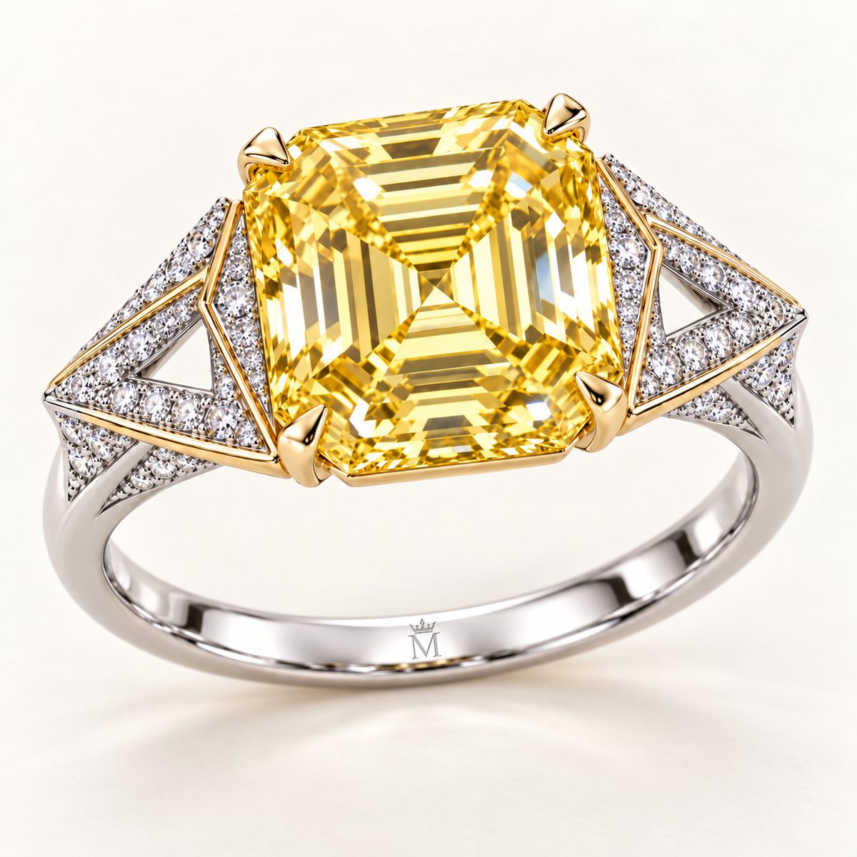Lemon Origami asscher lab-grown diamond ring, elevated three-quarter design visualization