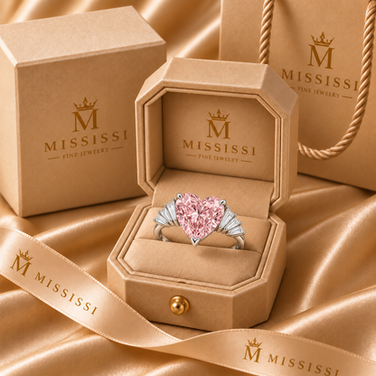 Pink Serenade heart ring presented in official champagne MISSISSI crown-M packaging