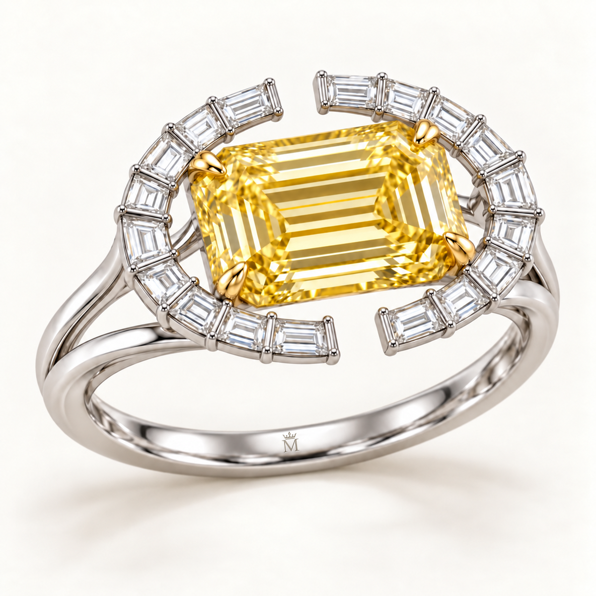Amber Ellipse emerald lab-grown diamond ring, elevated three-quarter design visualization