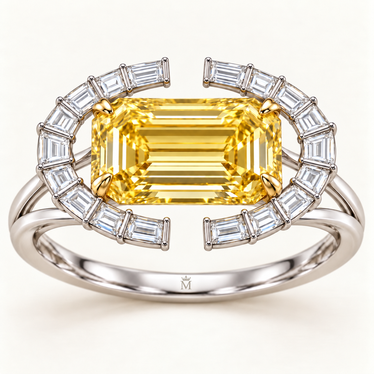 Amber Ellipse emerald lab-grown diamond ring, face-up detail design visualization
