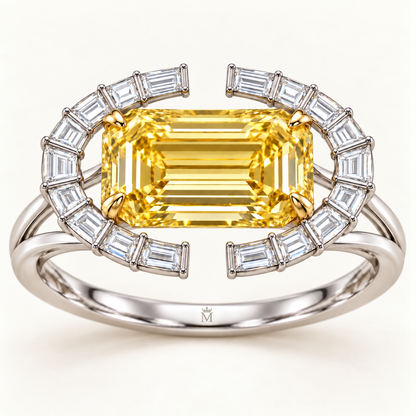 Amber Ellipse emerald lab-grown diamond ring, face-up detail design visualization