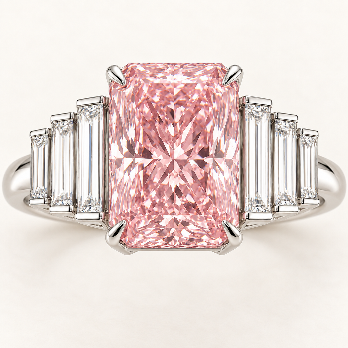 Blush Palisade pink radiant center and graduated baguette detail