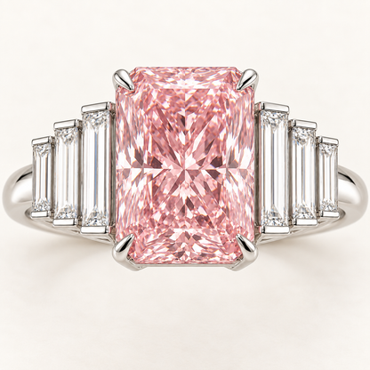 Blush Palisade pink radiant center and graduated baguette detail