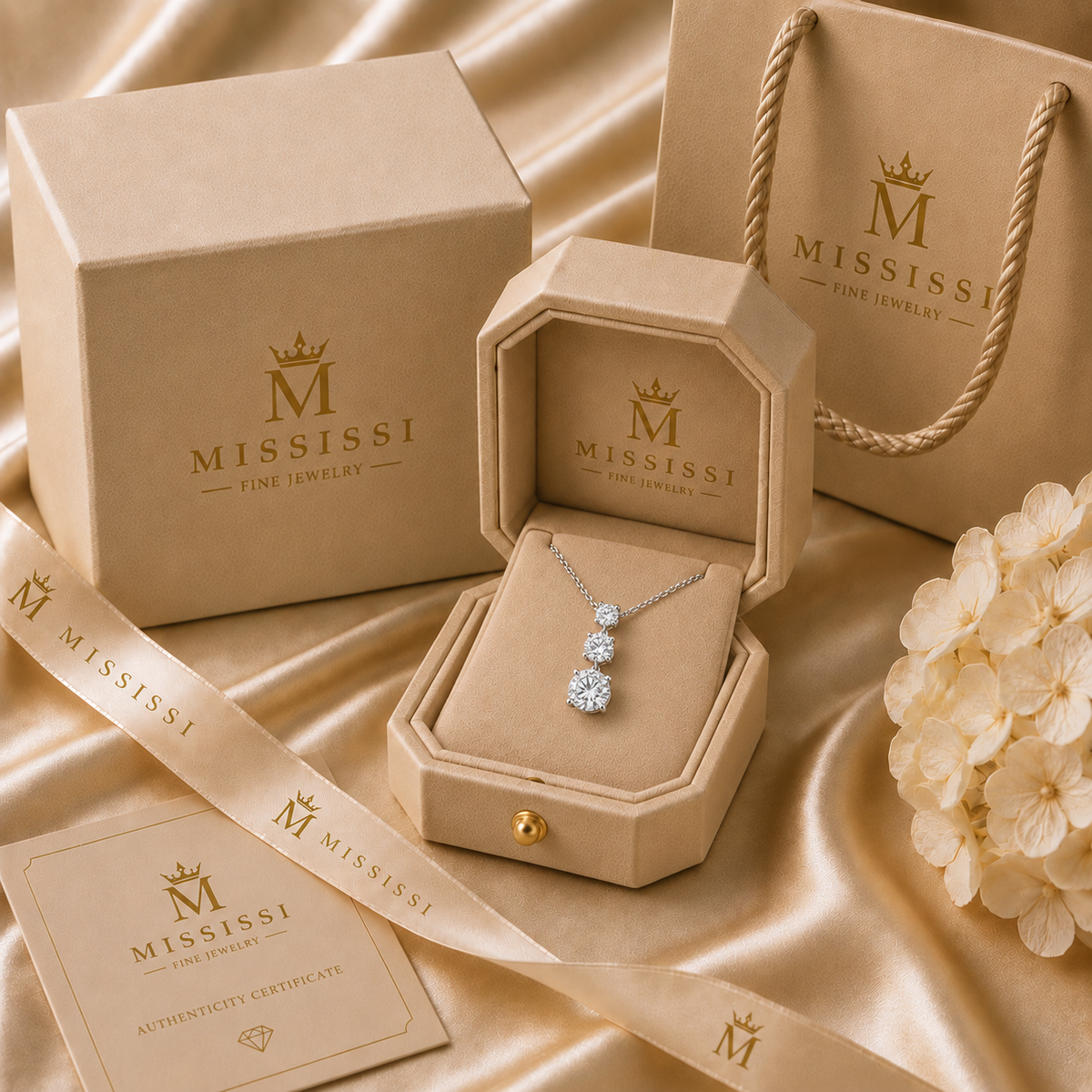 MISSISSI Ciel 2.00 total carat three-stone lab-grown diamond pendant in 14K white gold, official branded packaging