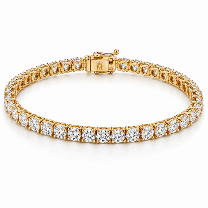 Round lab-grown diamonds set in a 14K gold tennis bracelet, arranged in an oval on white. AI-edited crown-M engraving concept on the existing clasp face; engraving and scale are illustrative.