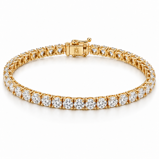 Round lab-grown diamonds set in a 14K gold tennis bracelet, arranged in an oval on white. AI-edited crown-M engraving concept on the existing clasp face; engraving and scale are illustrative.