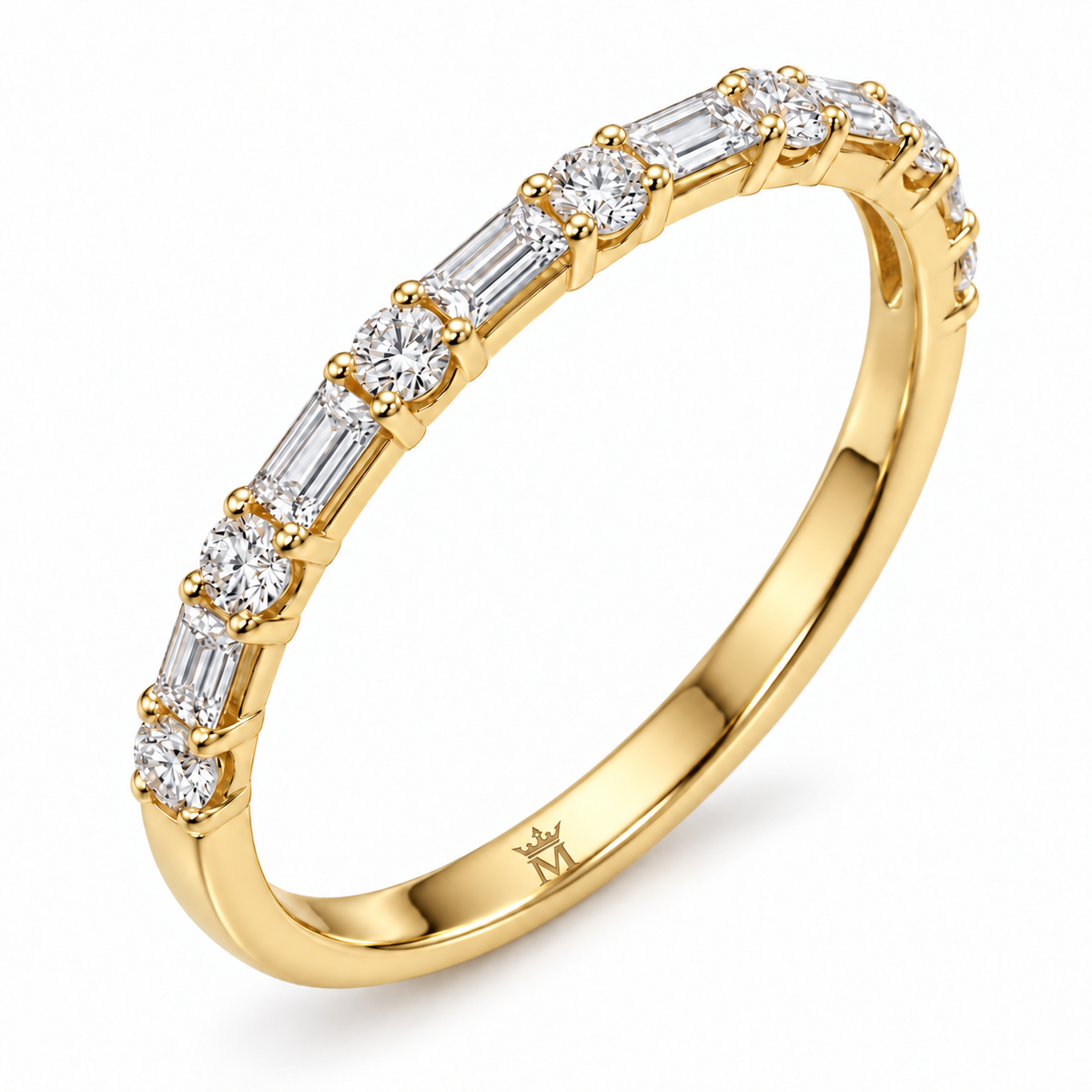 Alternating round and baguette lab-grown diamonds across a 14K gold half-eternity band on white. AI-edited crown-M engraving concept inside the lower band; engraving and scale are illustrative.