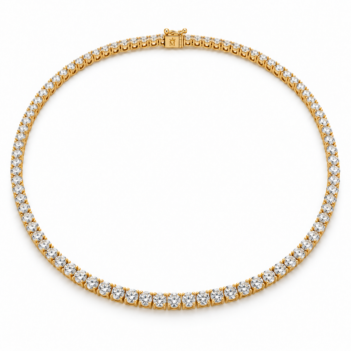 Petite line of round lab-grown diamonds in a 14K gold tennis necklace on white. AI-edited crown-M engraving concept on the existing clasp face; engraving and scale are illustrative.