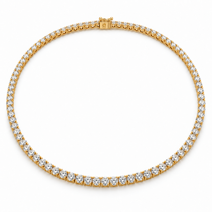 Petite line of round lab-grown diamonds in a 14K gold tennis necklace on white. AI-edited crown-M engraving concept on the existing clasp face; engraving and scale are illustrative.