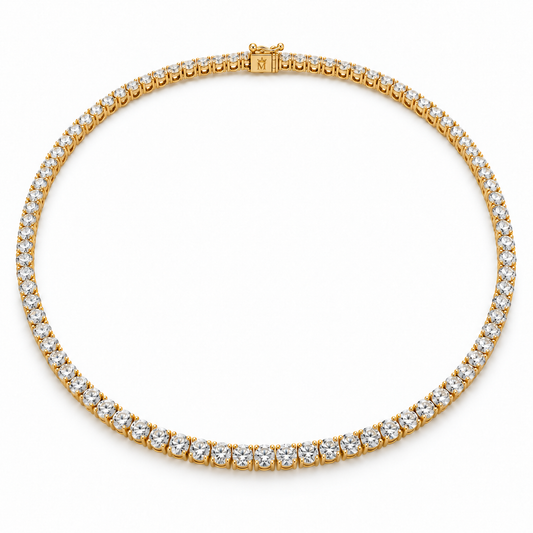 Petite line of round lab-grown diamonds in a 14K gold tennis necklace on white. AI-edited crown-M engraving concept on the existing clasp face; engraving and scale are illustrative.