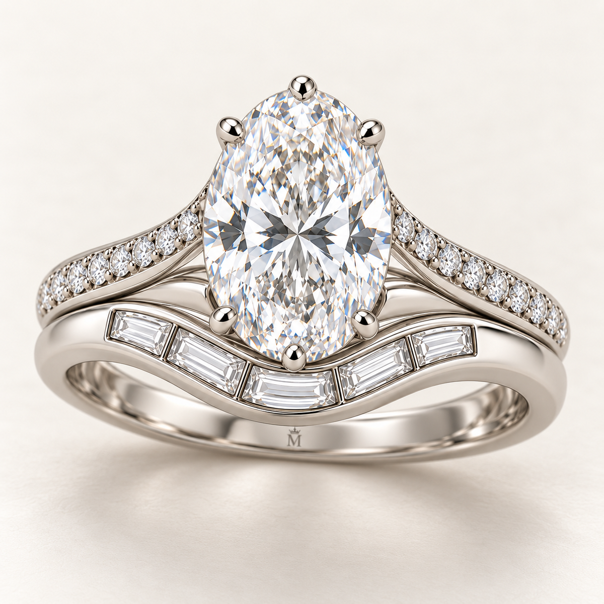 AI design preview of MISSISSI CONFLUENCE white-metal oval lab-grown diamond two-ring set with round-accent shoulders and a five-baguette curved companion band