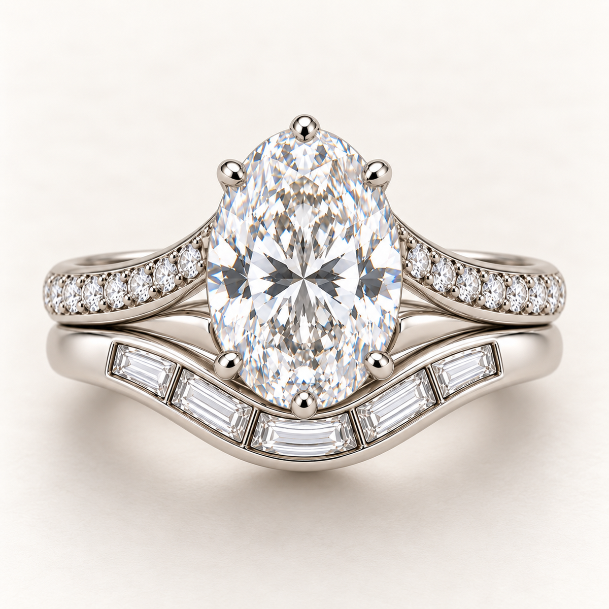 AI design preview of CONFLUENCE paired rings showing a six-claw oval center, round shoulder accents and five lengthwise baguettes