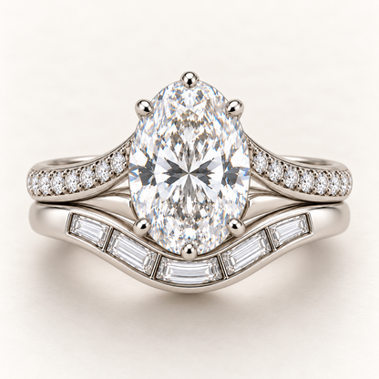 AI design preview of CONFLUENCE paired rings showing a six-claw oval center, round shoulder accents and five lengthwise baguettes