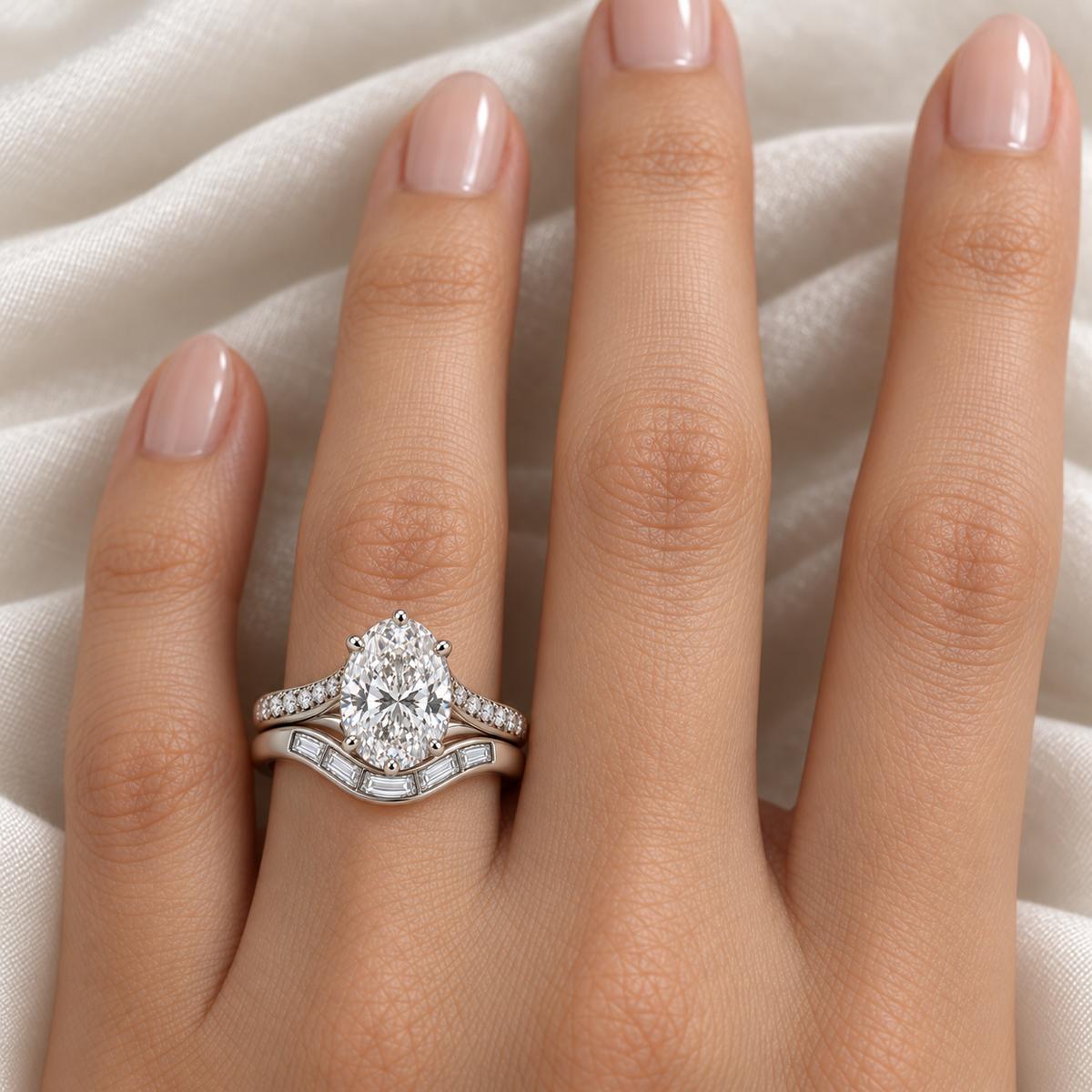 AI design preview of both CONFLUENCE rings worn together on an adult ring finger; scale is illustrative