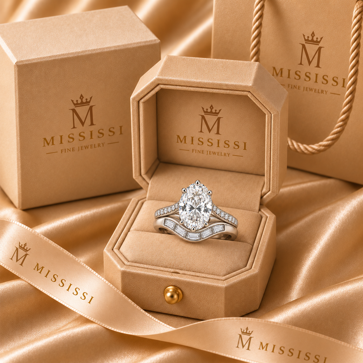 AI design preview of the complete CONFLUENCE two-ring set in champagne MISSISSI packaging