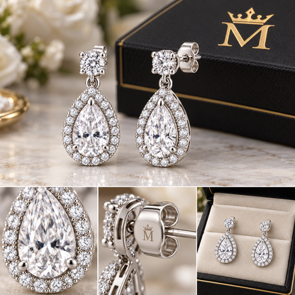 Cora pear halo drop earrings in 14K white gold, close-up of the diamond setting.