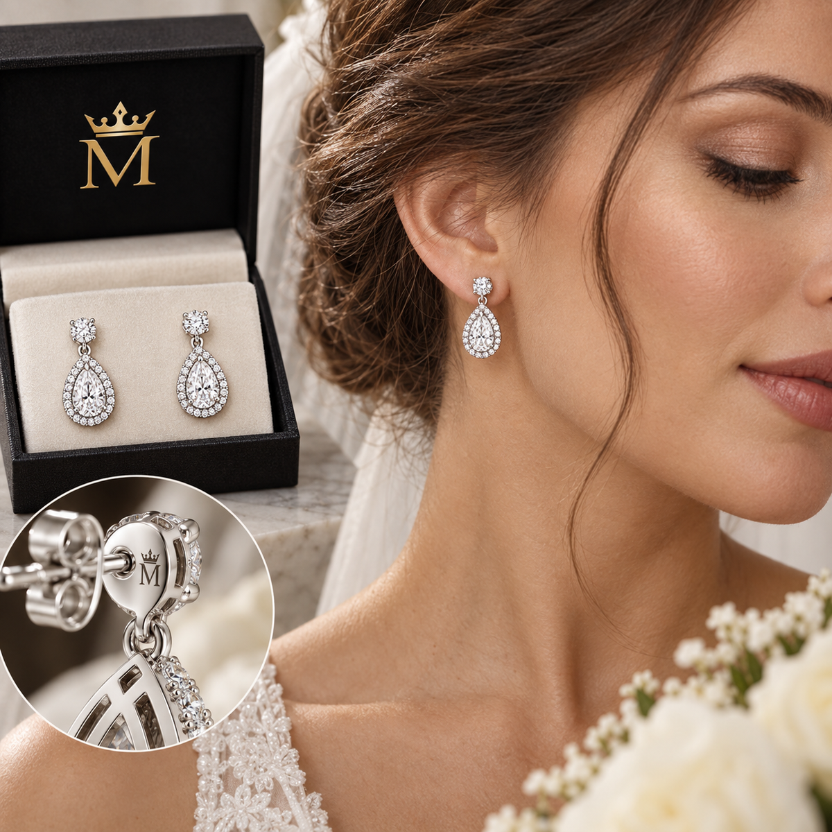 Cora pear halo drop earrings in 14K white gold, worn by a model.