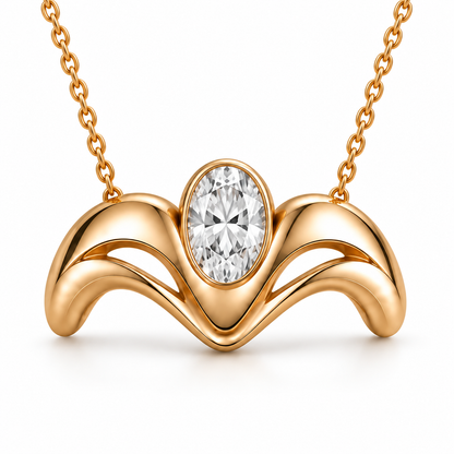 AI illustration of the MISSISSI Crown Flow necklace with a vertical oval white stone, polished yellow-gold flowing M arches and cable chain.
