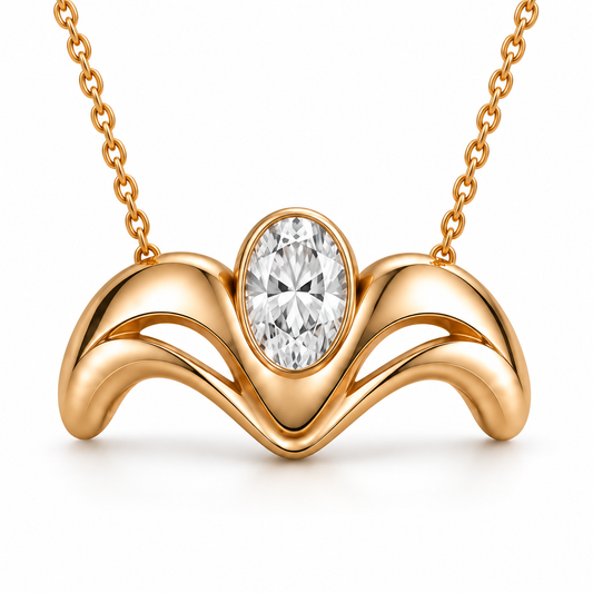 AI illustration of the MISSISSI Crown Flow necklace with a vertical oval white stone, polished yellow-gold flowing M arches and cable chain.