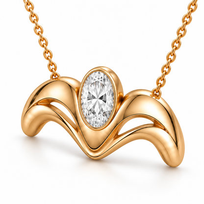 AI illustration of the Crown Flow necklace from a three-quarter angle, showing its oval bezel, flowing gold shoulders and two crescent openings.