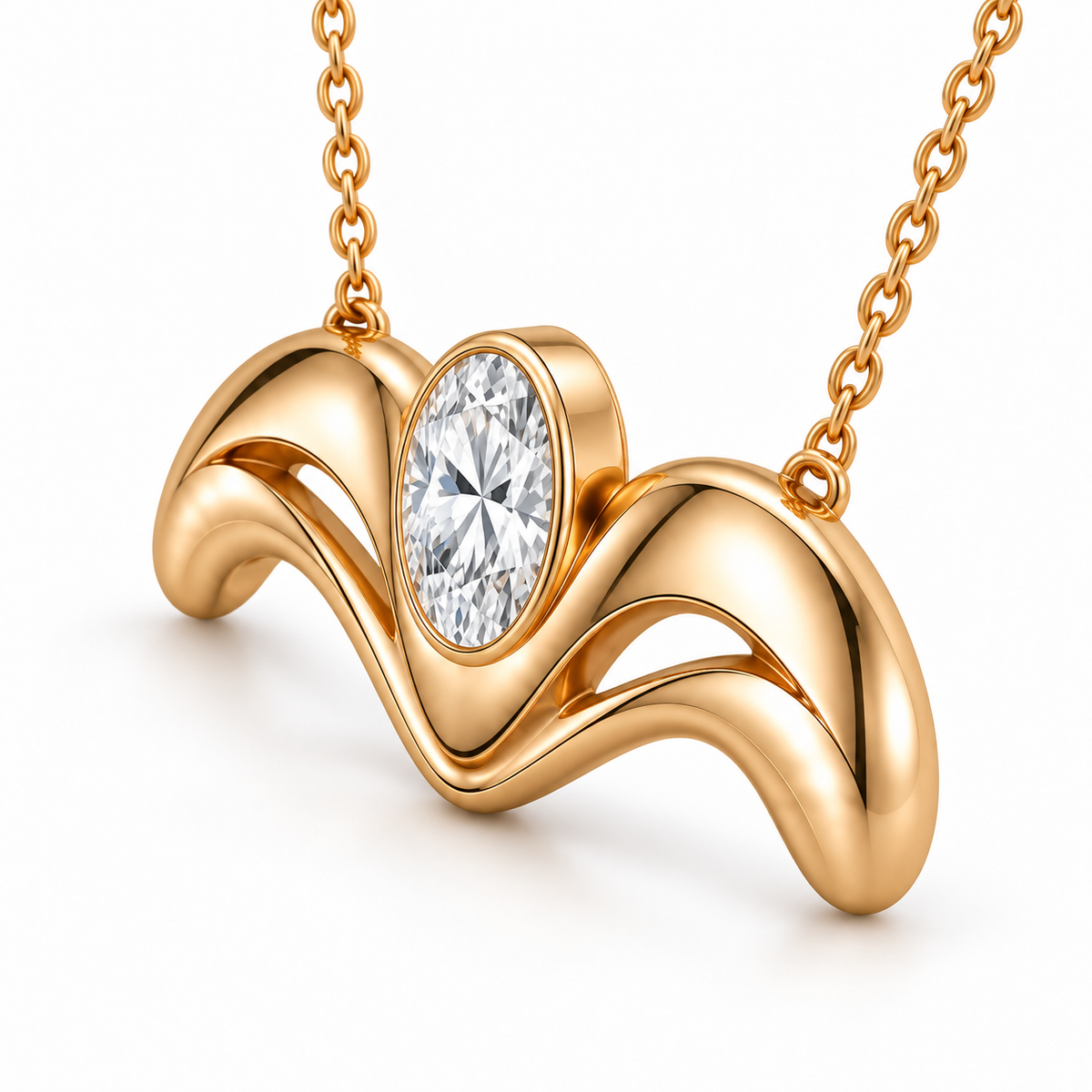 AI illustration of the Crown Flow necklace at a side angle, showing the oval bezel depth and cable chain connected at both outer shoulders.