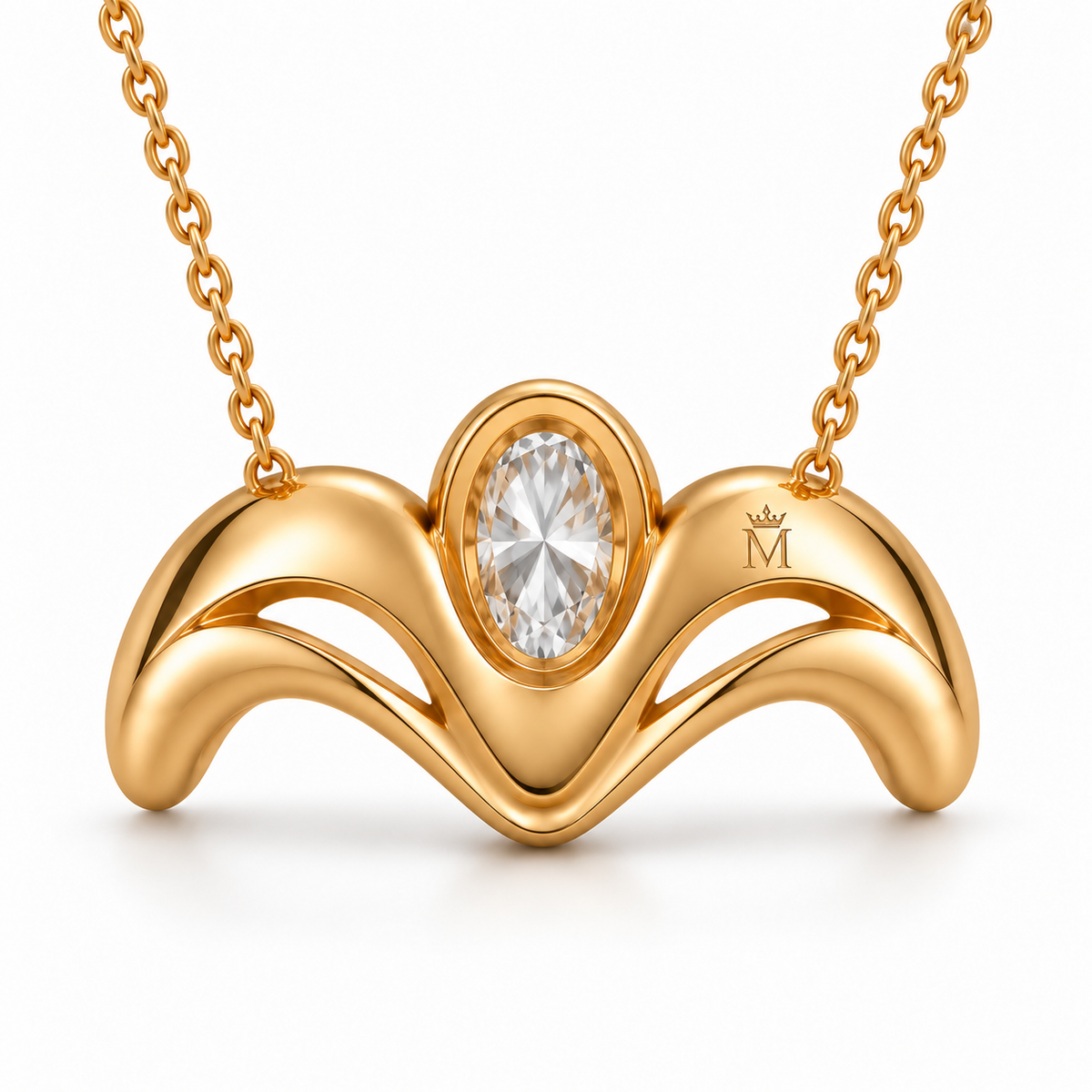 AI rear-view illustration of the Crown Flow necklace, with a crowned serif M engraved on a gold shoulder and an oval opening behind the central stone.