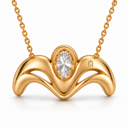 AI rear-view illustration of the Crown Flow necklace, with a crowned serif M engraved on a gold shoulder and an oval opening behind the central stone.