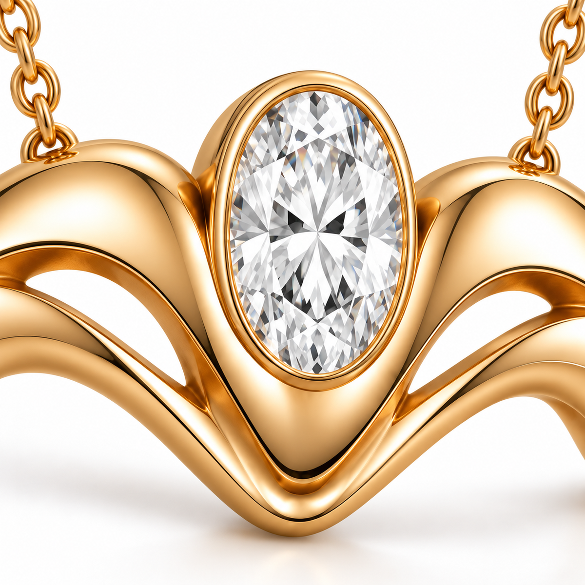 AI close-up illustration of the Crown Flow necklace's oval white stone, smooth full bezel and polished gold curves around two crescent openings.