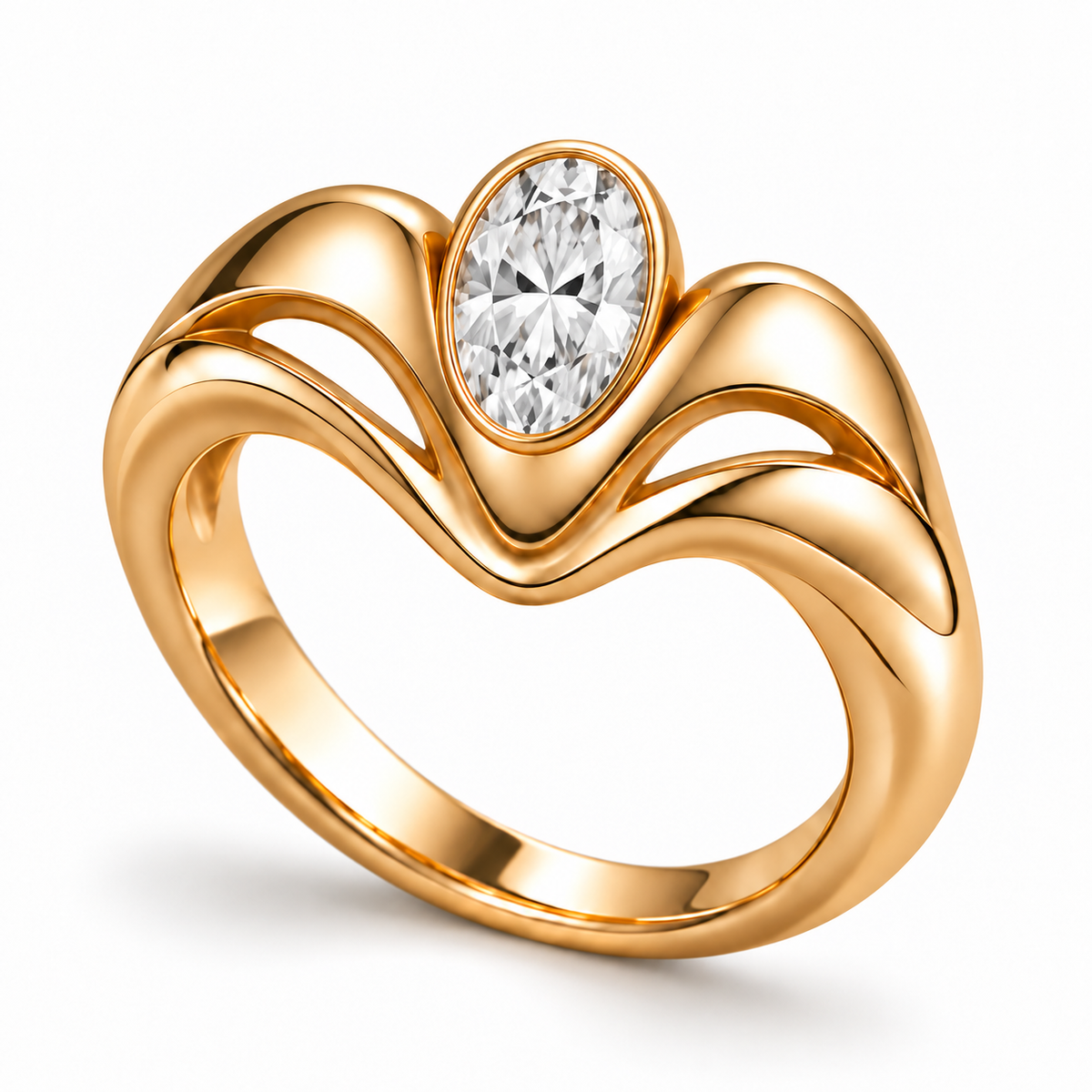 AI illustration of the MISSISSI Crown Flow ring with a large oval bezel-set lab-grown diamond and sculptural yellow-gold M-shaped shoulders.