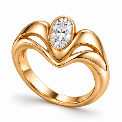 AI illustration of the MISSISSI Crown Flow ring with a large oval bezel-set lab-grown diamond and sculptural yellow-gold M-shaped shoulders.