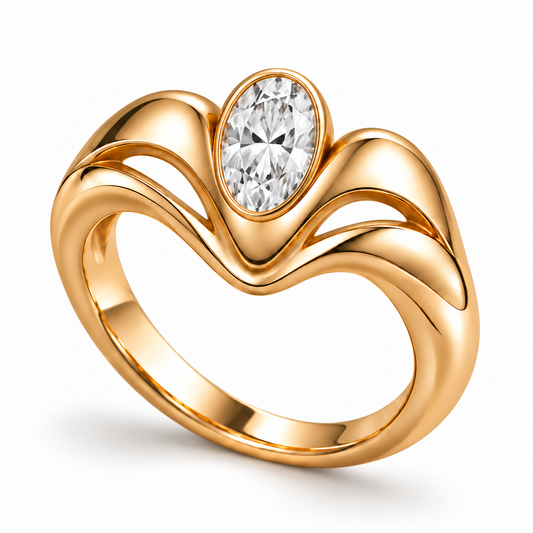 AI illustration of the MISSISSI Crown Flow ring with a large oval bezel-set lab-grown diamond and sculptural yellow-gold M-shaped shoulders.