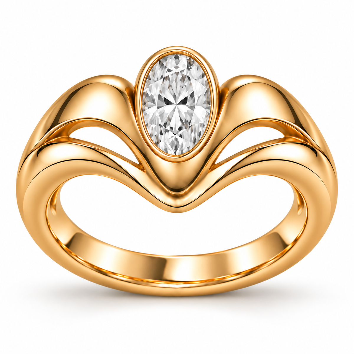 AI front-view illustration of the Crown Flow ring, showing one large oval diamond in a smooth bezel above two crescent openings.